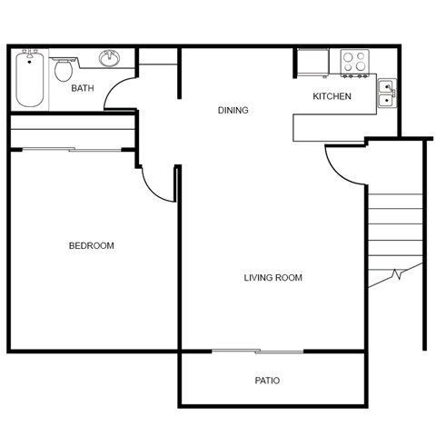 Floor plan for 1 bed, 1 bath, 640 sqft